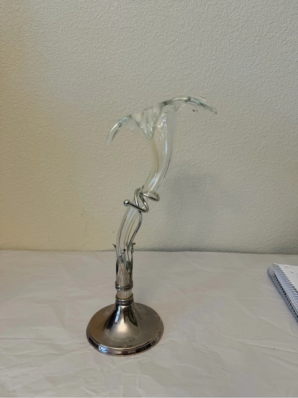 Vintage Clear Glass lily in bloom Vase with patina Silver-Tone Base patina